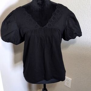 J. Crew Factory Black Puff Sleeve Ruffled Blouse
